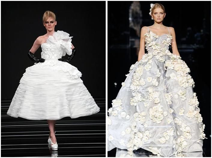 These white wedding dresses, with very full skirts and flower or rosebud details, are sure to make a