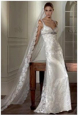 Gorgeous long mantilla veil worn with Pronovias wedding dress