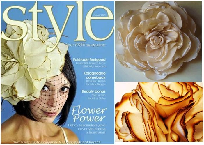Very large ivory and gold flower fascinator on the cover of Style