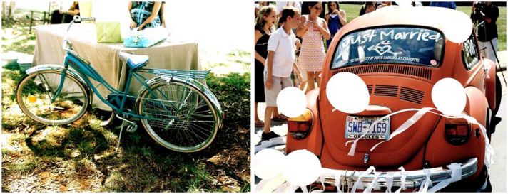 Vintage blue bike given to bride by the groom; vintage VW bug with white balloons and “Just Married”