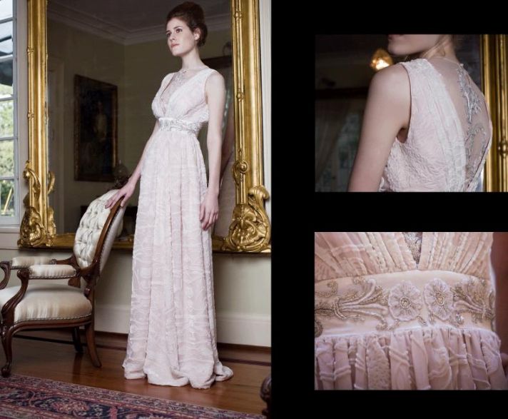 Gorgeous vintage-inspired ivory wedding dress with netted, embroidered back and neckline