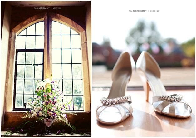 london-wedding-silver-bridal-heels-with-rhinestone-brooch-large-floral-centerpiece-in-church-window