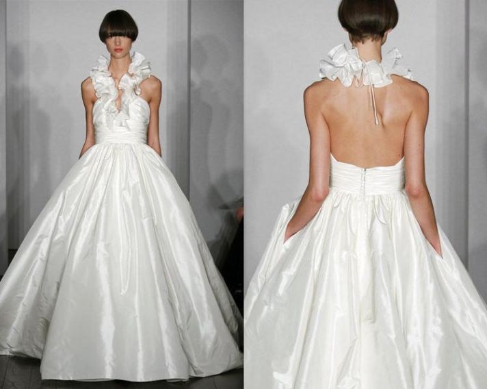White ballgown wedding dress from Amsale with ruffled halter neckline and pockets