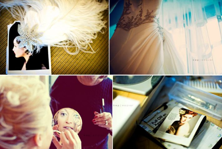 Gorgeous white wedding dress hangs artistically in window; glamourous bridal hair comb with white fe