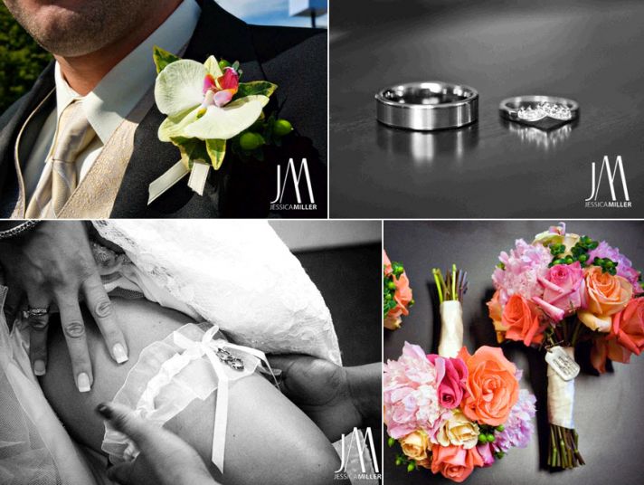 Groom wears black classic tux with champagne tie, orchid boutiniere; artistic photo of wedding bands