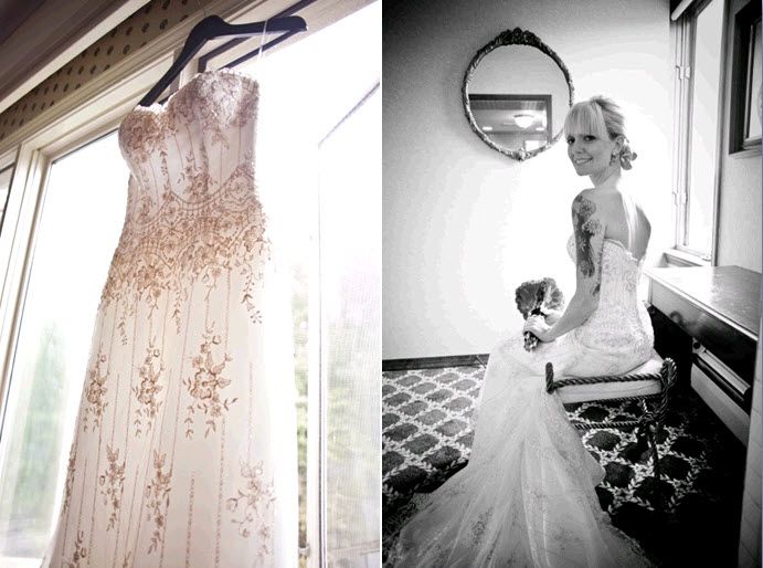 brides-ivory-beaded-sweetheart-neckline-wedding-dress-hangs-in-window-tattoo-covered-beautiful-bride-poses-with-bridal-bouquet