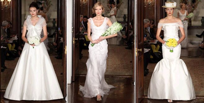 Classic white a-line, sheath, and trumpet wedding dresses from Carolina Herrera