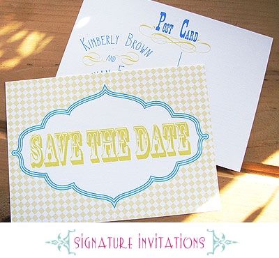 Fun and eco-chic wedding save-the-dates with white, blue and yellow wedding color palette