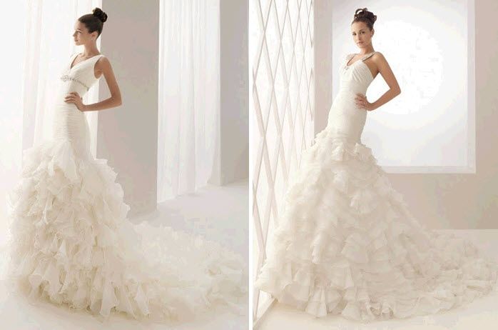 White Aire Barcelona dramatic mermaid wedding dresses with tiered ruffles