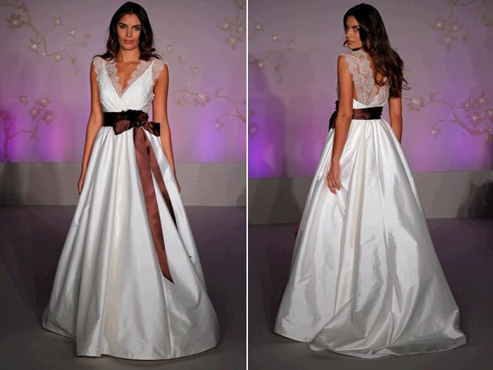 v-neck-lace-white-ballgown-wedding-dress-with-dark-ruby-ribbon-sash
