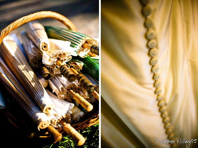 Ivory and green parasols in basket for wedding guests; covered buttons on back of ivory wedding dres