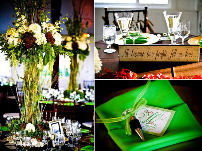 Stunning high floral topiaries with ivory, maroon and green flowers; bright green napkin with wine t