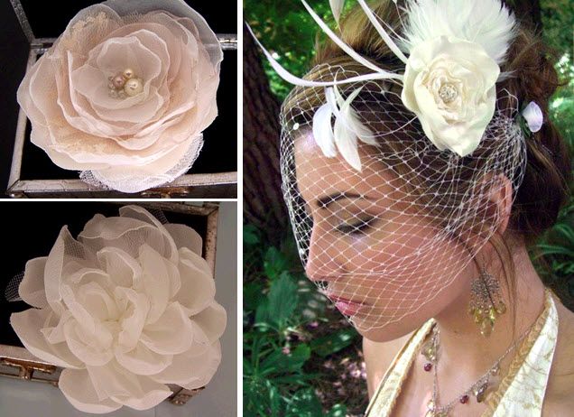 Chic rose ivory handmade bridal hairpieces- feathers, birdcage, and pearls