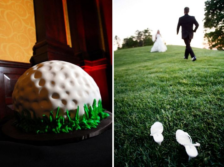 grooms-wedding-cake-wedding-reception-golf-ball-green-bride-groom-play-on-golf-course-in-wedding-dress-and-tux