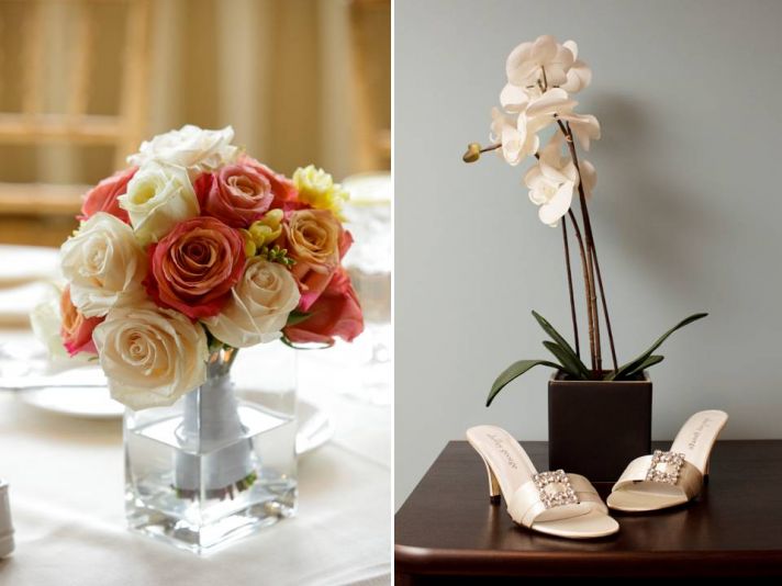 Romantic peach, coral and ivory rose table centerpiece; open toe ivory bridal heels