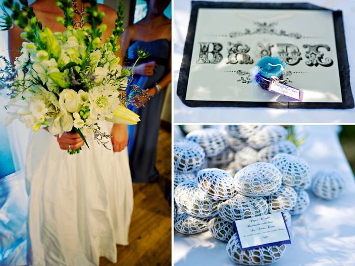 Bride’s something blue, wears white wedding dress, clutches white wild flower bridal bouquet
