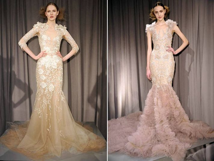 Sleek mermaid silhouette ivory champagne wedding dresses by Marchesa