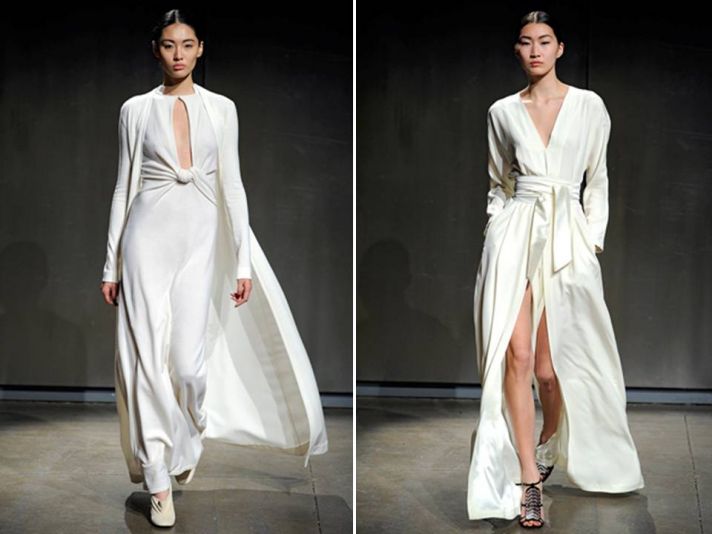 Sleek white v-neck draped Halston gowns, perfect for a beach wedding
