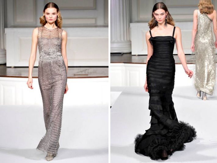 Metallic silver bateau neck column gown and black square neck mermaid