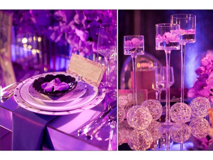 Glamorous wedding reception decor tablescape using orchids