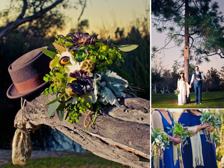 Groom’s 70’s-inspired wedding hat sits with bride’s eco-chic bridal bouquet