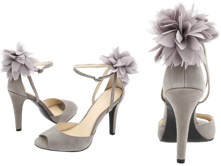 Lavender grey suede-peep-toe bridal heels with floral embellishment, Calvin Klein