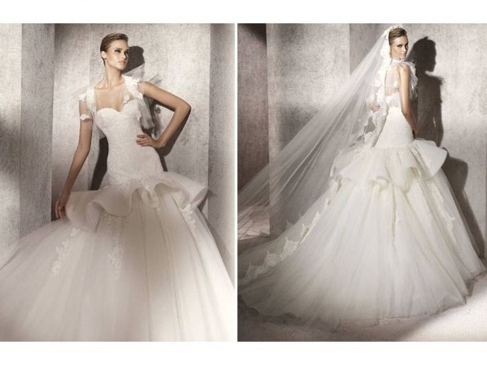 2012 Pronovias wedding dress with romantic bustle and tulle skirt