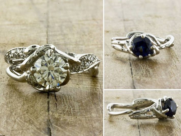 Eco-friendly recycled gold engagement rings; organic engagement ring with non-diamond center stone