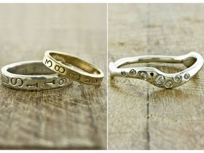 Recycled gold wedding bands with wedding date engraved in bands