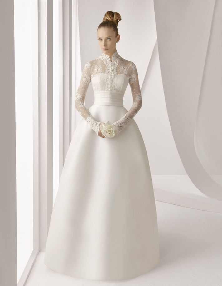 Spring 2012 Rosa Clara bridal gown with princess silhouette and long lace sleeves over sweetheart ne