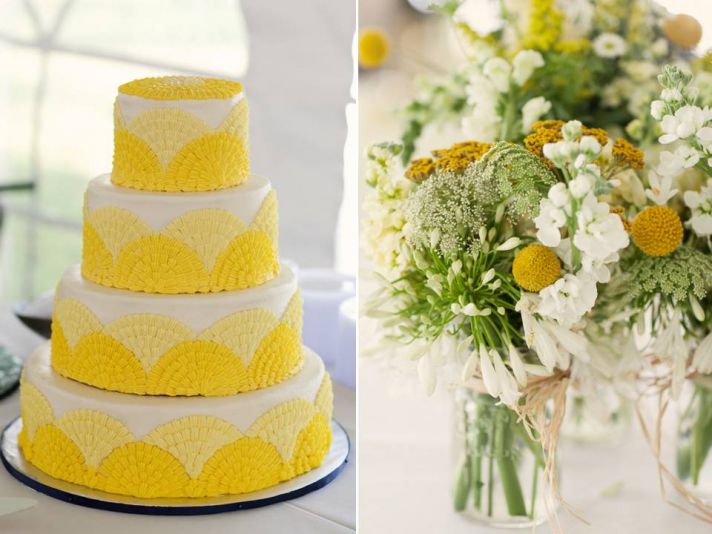White and yellow 4-tier round wedding cake and whimsical wedding flower centerpieces