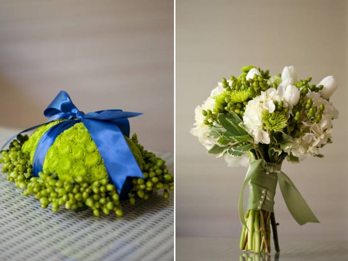 Gorgeous bright green and blue DIY ring bearer pillow and elegant ivory bridal bouquet