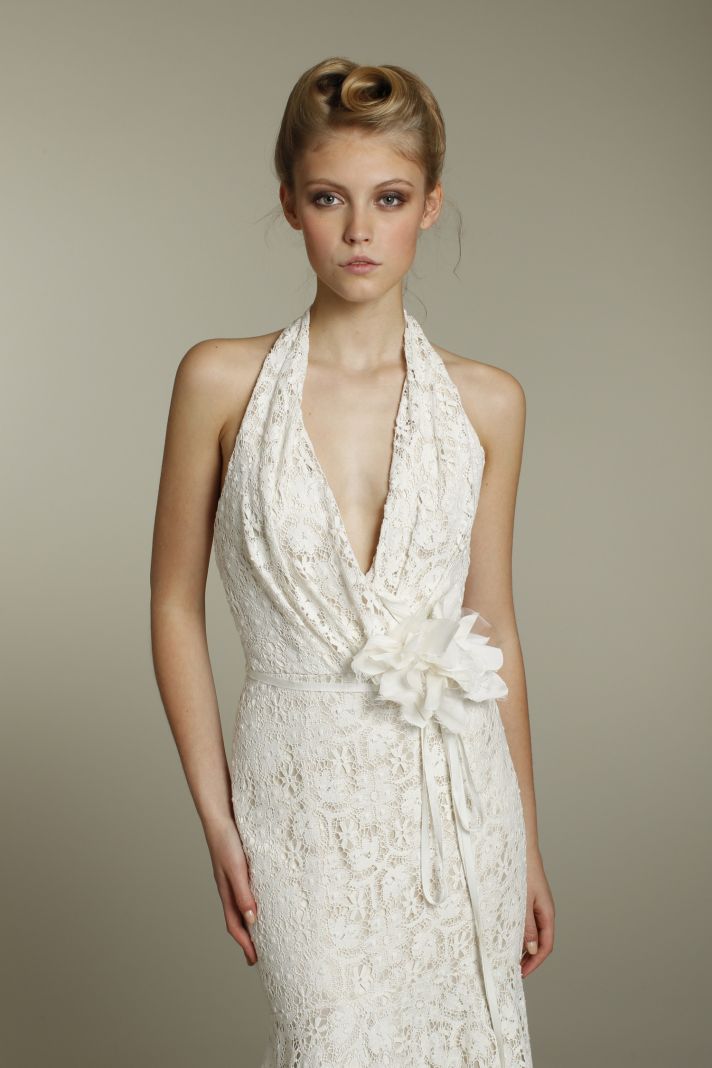Romantic lace mermaid halter wedding dress with embellished bridal belt