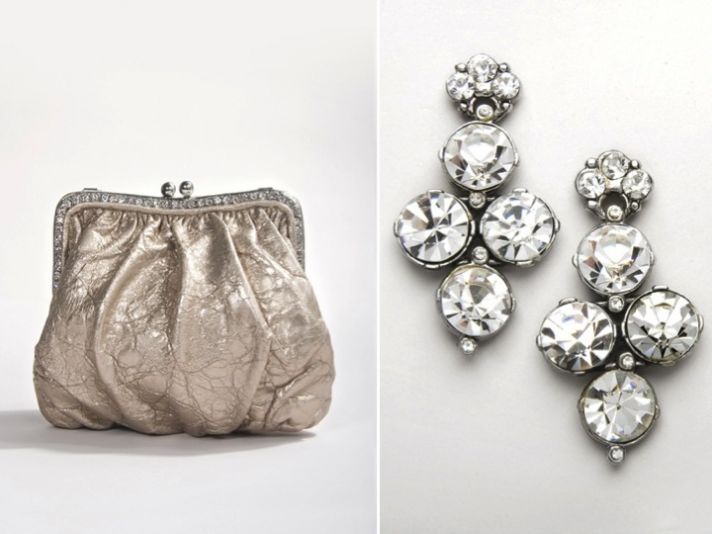 On-trend metallic bridal clutch and classic chandelier wedding earrings