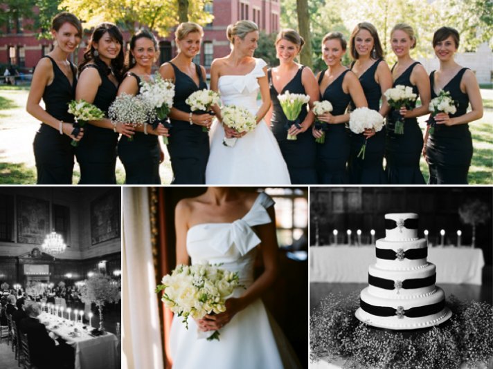 Chic black and white wedding with unique white and ivory bouquets