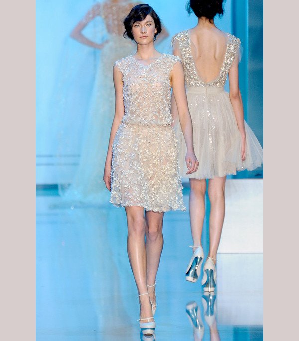 Romantic blush Elie Saab wedding dress with beading and lace aplique