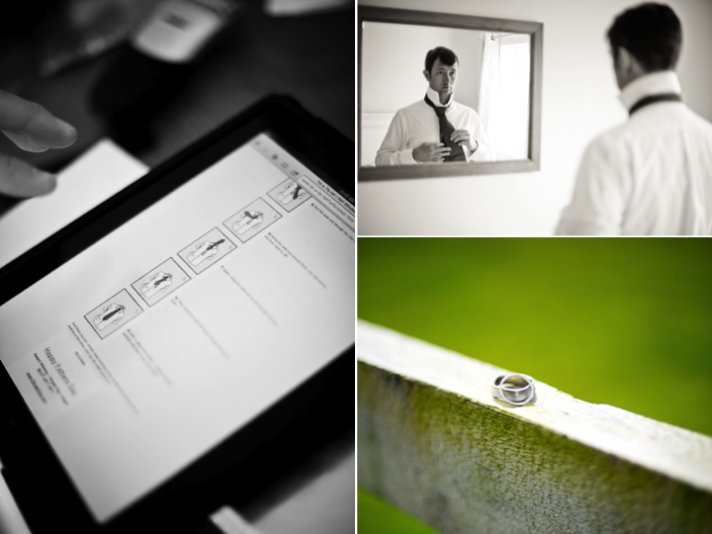 Groom puts on tux and ties tie with help of iPad instructions