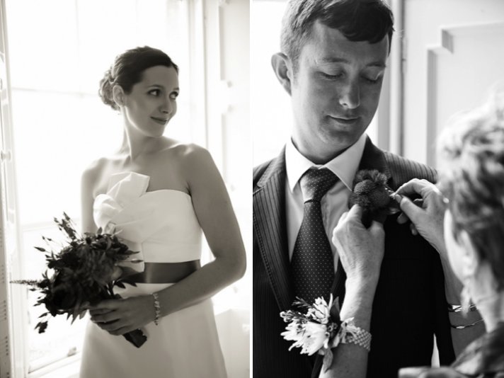 Classic bride holds statement bridal bouquet, groom wears classic tux