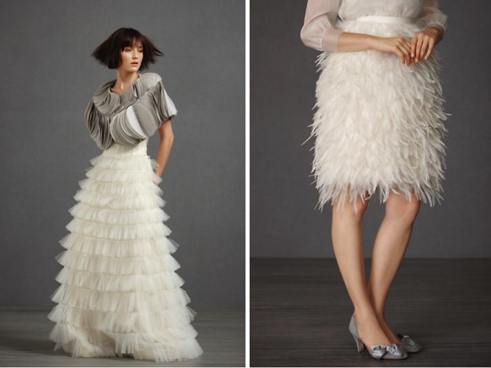 BHLDN bridal accessories- layered bridal bolero, feather-embellished skirt