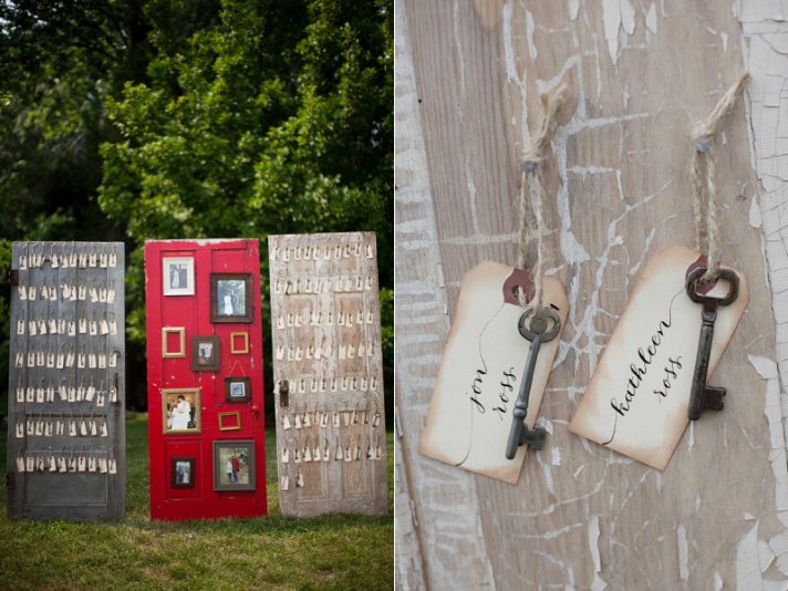 creative wedding reception ideas escort cards on vintage doors