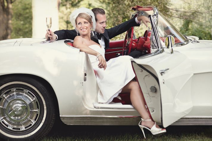 bride groom vintage wedding car white corvette