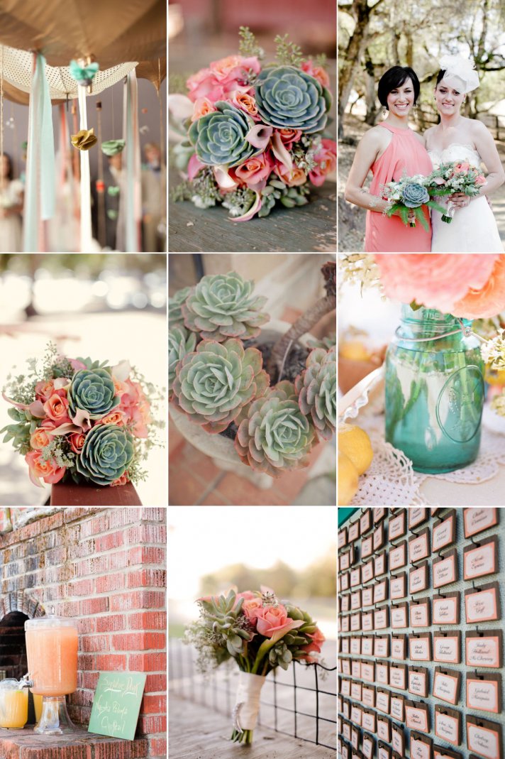 Romantic peach wedding flowers with lush eco-friendly succulents