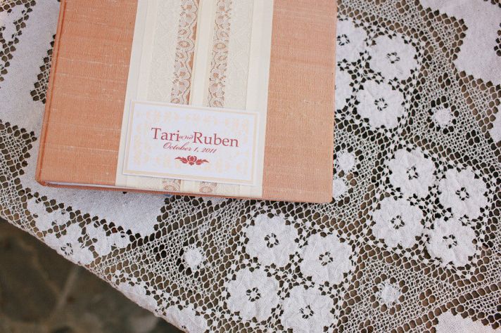 romantic outdoor wedding lace decor guest book peach ivory white
