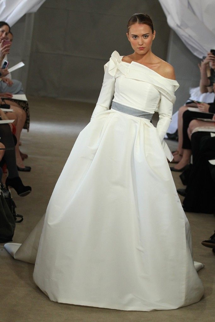 Spring 2013 bridal gowns Carolina Herrera wedding dress slate gray sash off the shoulder