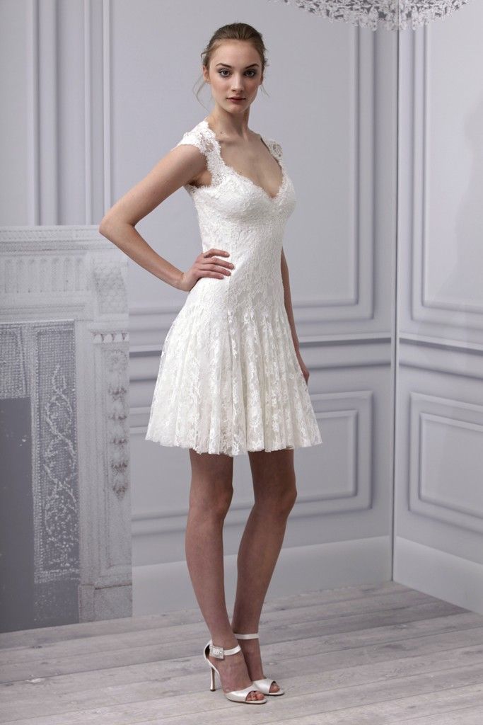 Spring 2013 wedding dress Monique Lhuillier bridal gown lace LWD deep v