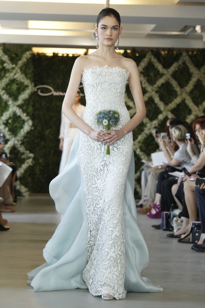 2013 wedding dress trend two tone bridal gowns light gray blue ivory lace overlay Oscar de la Renta