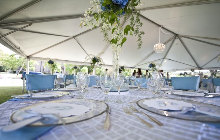 elegant fall wedding outdoor tented reception sky blue ivory green