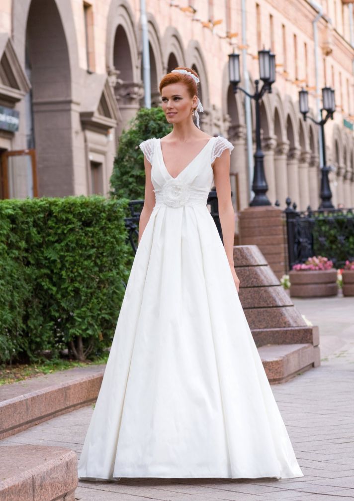 deep v wedding dress with sheer cap sleeves