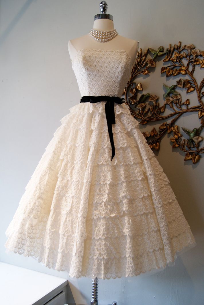 vintage wedding dress bridal gown inspiration from Etsy lace eyelit 1950s black sash