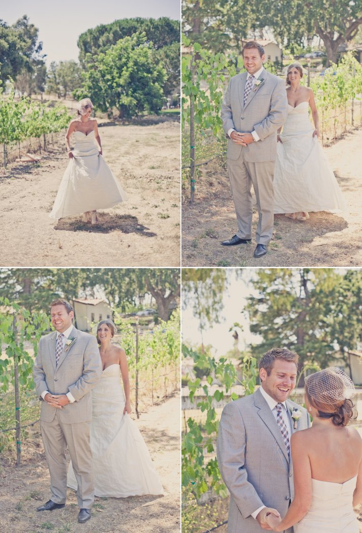 elegant real weddings peach lavender outdoor wedding first look between bride and groom 1